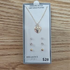 Sterling Silver and Gold 14kt Plated Heart Necklace And Earrings Set